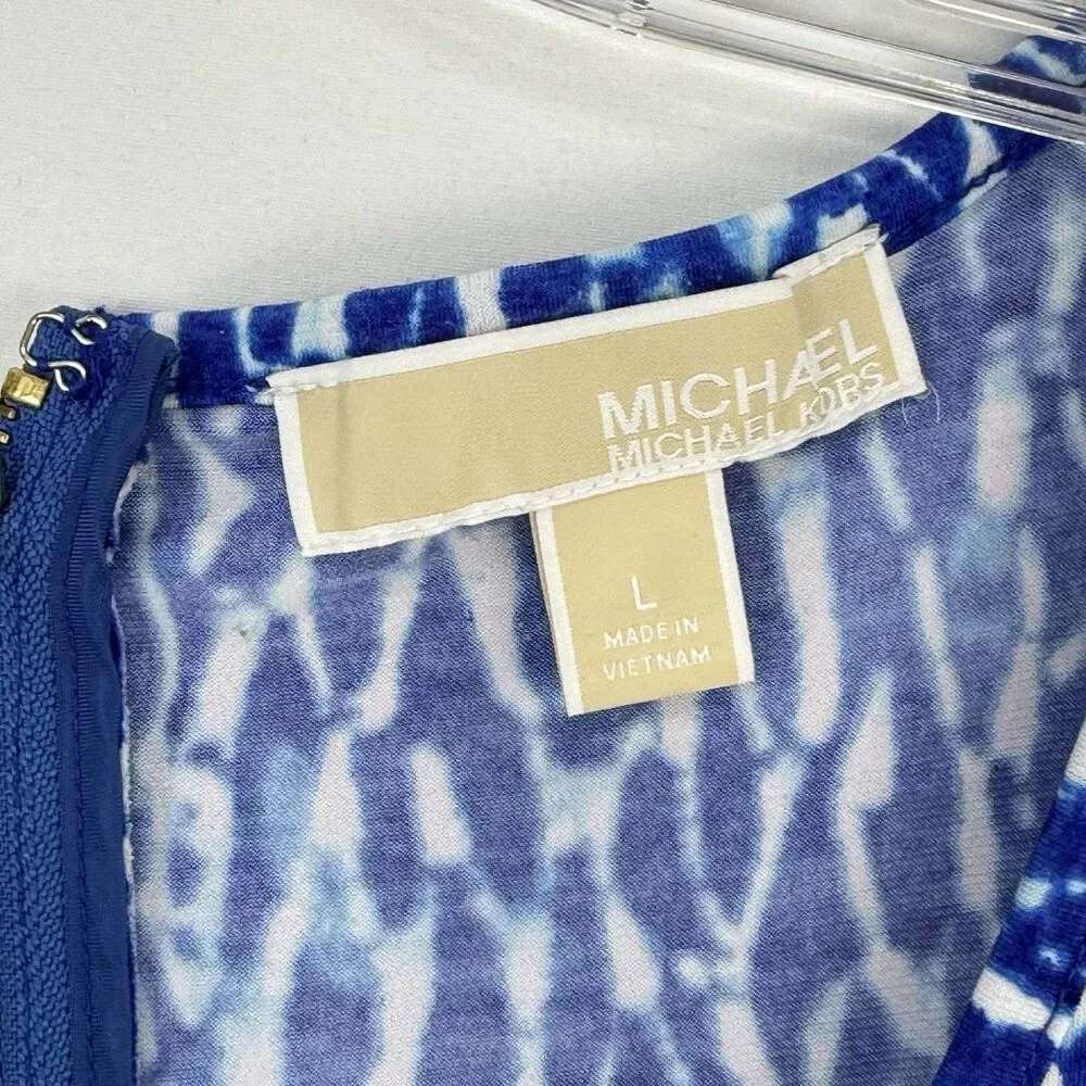 MICHAEL Michael Kors Womens Shift Dress Large Blue White Abstract Short Sleeve